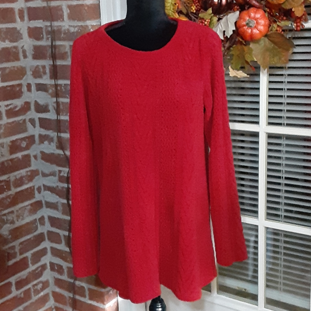 J Jill dark red chenille mixed cable tunic sweater super soft size Medium EUC …